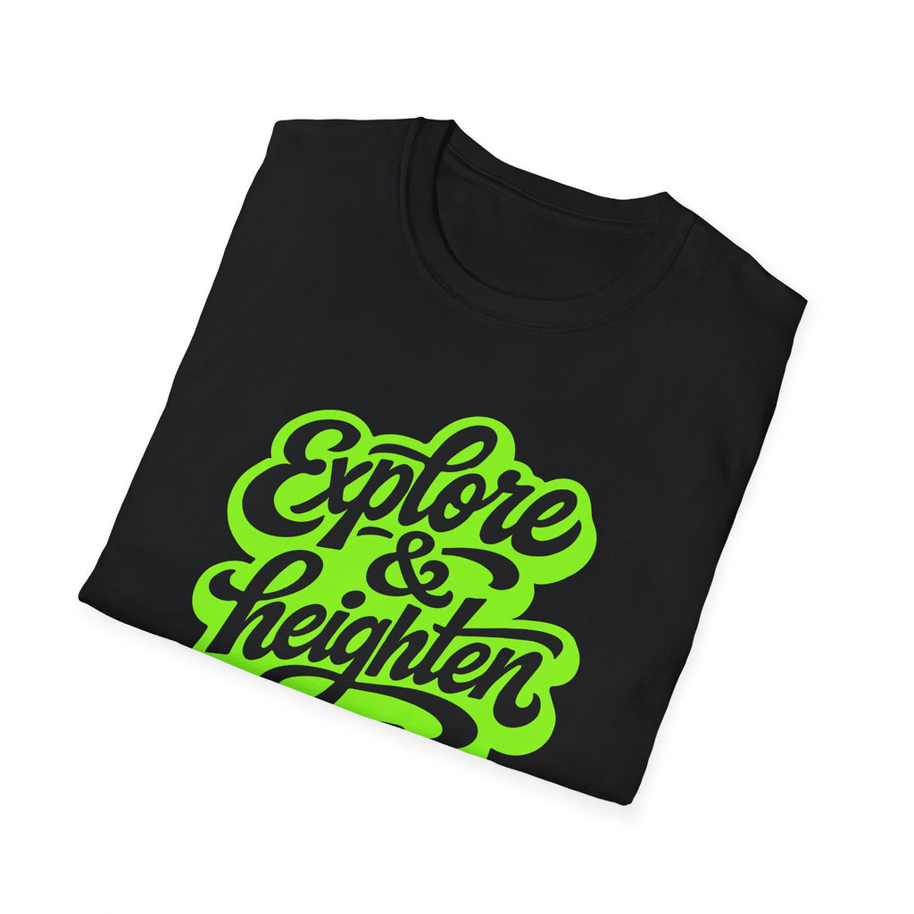 Explore & Heighten Graphic Tee — Retro Neon Adventure T-Shirt